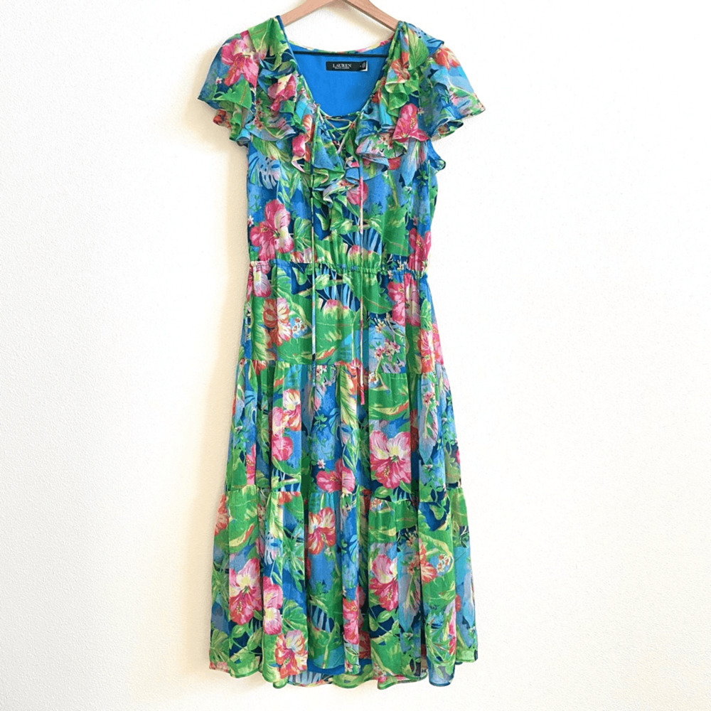 Ralph Lauren Vibrant Green Tropical Floral Ruffle Tiered Midi Dress Women’s 8